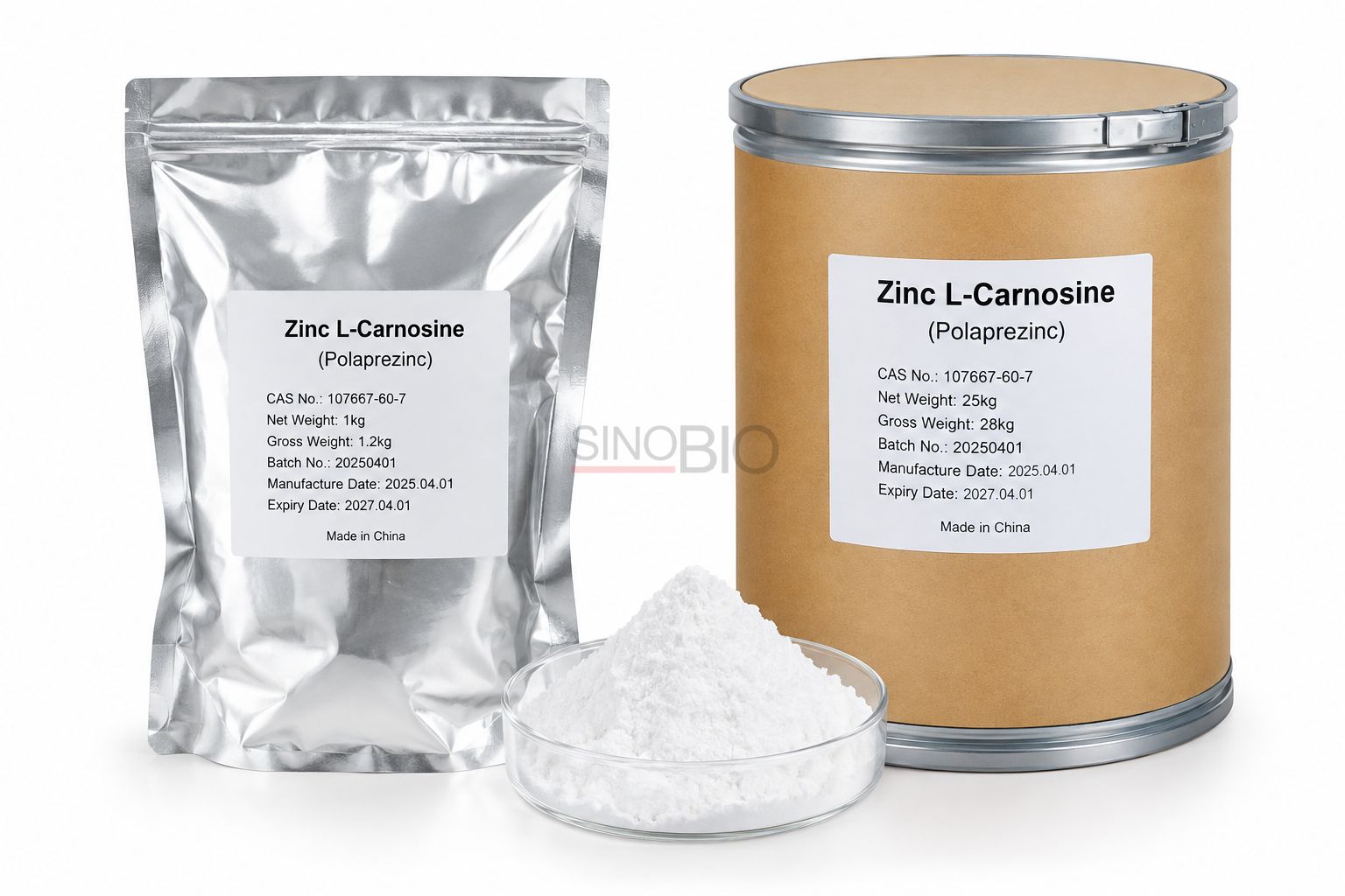 Zinc L-Carnosine Aluminum Foil Bag and Paperboard Drum Packaging Цинк L-карнозин Полапрецинк Пакет из алюминиевой фольги и картонная барабанная упаковка