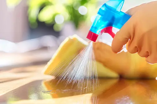 Очистка с распылением-detergent-rubber-gloves и dish-gloth-on